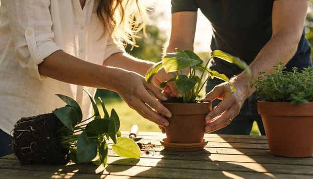 Couple repotting houseplant into terracotta pot on wooden table in warm backyard light