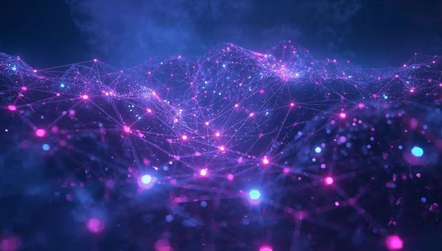 Futuristic Digital Mesh with Glowing Nodes in Cosmic Environment