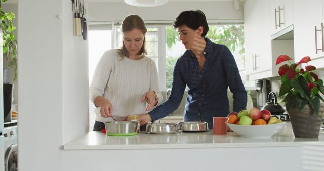 Caucasian lesbian couple preparing food for their dogs at home. lgbt relationship and lifestyle concept
