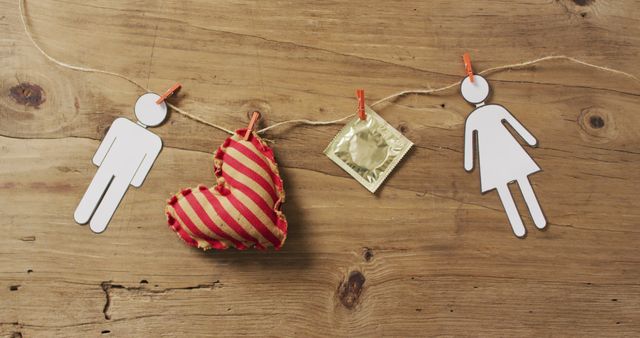 Paper figures of a man and woman hang on string with heart and condom, suggesting safe relationships. Ideal for articles or websites focused on sexual health, love, prevention, safety measures, and awareness campaigns.