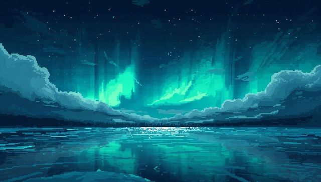 Retro pixel aurora over polar sea teal northern lights reflection low-res 8-bit horizon