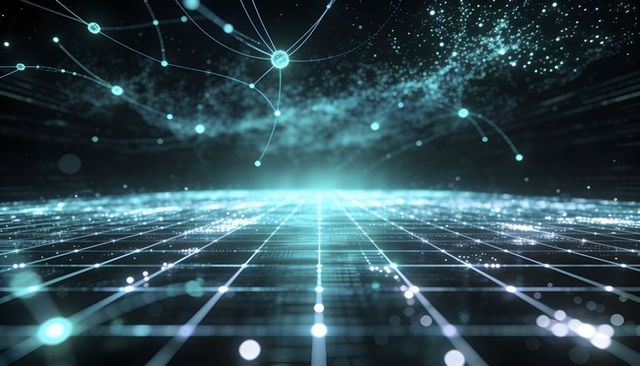 Neon network grid extending toward cyber horizon with floating data nodes and filaments