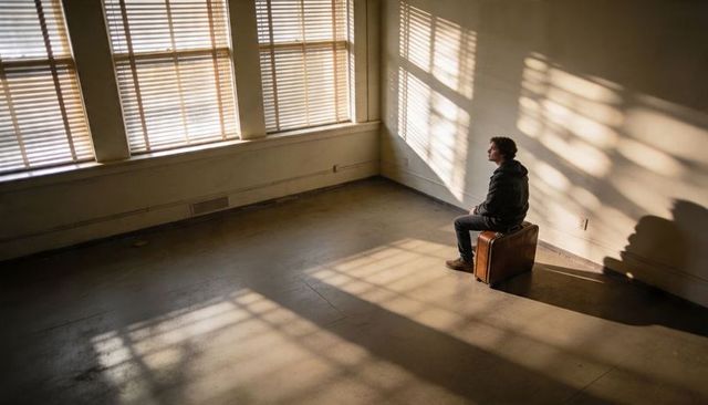 Young man sitting on vintage suitcase in empty sunlit room with blinds casting stripes
