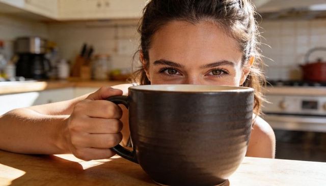 Woman peeking over oversized mug in sunlit rustic kitchen, cozy morning coffee moment