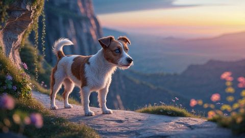 Terrier pup exploring scenic valley at sunset