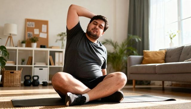 Man stretching neck on yoga mat in sunlit living room with kettlebells during home workout