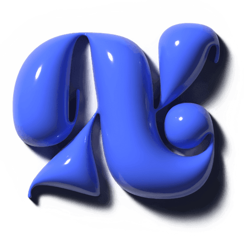 Glossy cobalt-blue 3d glyph resting on transparent canvas showing droplet ribbons and sphere
