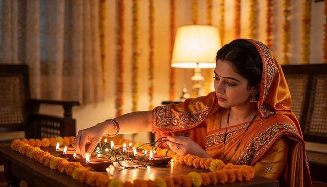 Indian woman lighting clay lamps during diwali celebration at home, warm festive decor