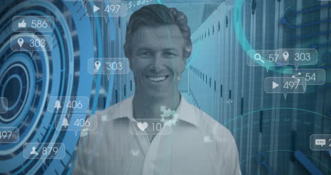 Smiling Businessman with Virtual Social Media Interface Overlay