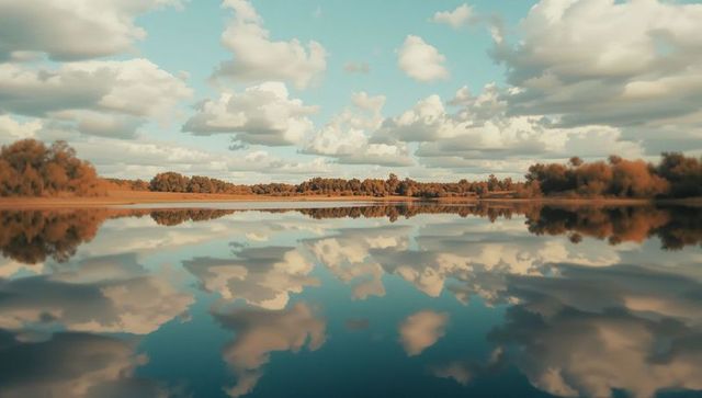 Tranquil reflective lake mirroring fluffy clouds and autumn trees