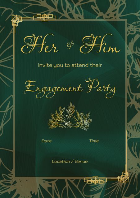 Elegant engagement invitation template features green background with gold floral patterns. Perfect for formal and stylish engagement parties, modern weddings, and event announcements. Use customizable fields for date, time, and venue/location details.