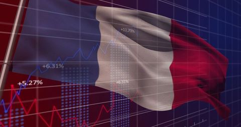 French Flag with Financial Graphs Symbolizing Data and Economic Trends