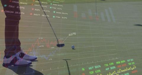 Golfer on green with overlay of financial data graphs