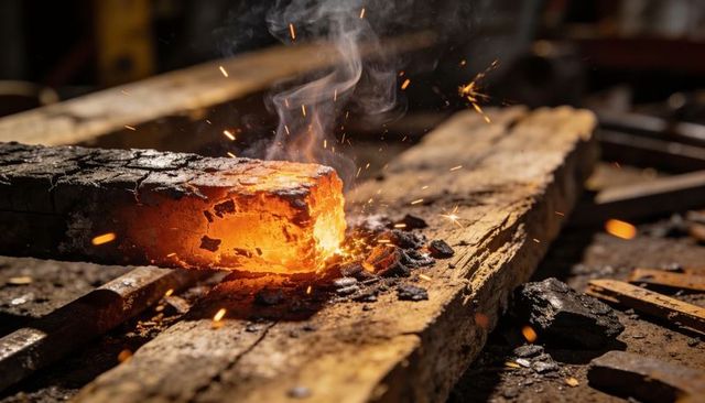 Glowing hot metal billet sending sparks on rustic workshop planks for forging