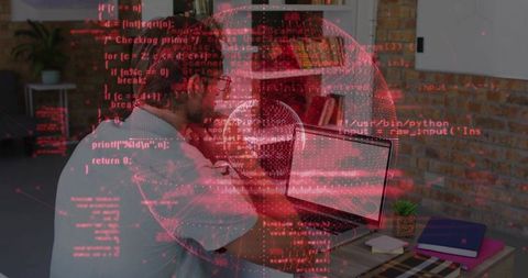 Middle-aged man holding head debugging code on laptop with red cybersecurity data overlay