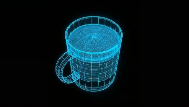 Neon wireframe mug 3d concept glowing blue mesh cup showing top mesh and curved handle