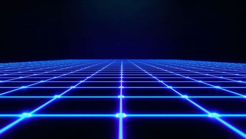 Electric blue neon grid converging to horizon with luminous nodes and futuristic depth