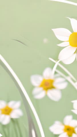 Vertical video swaying daisy cluster on pale green field with soft bokeh and copy space