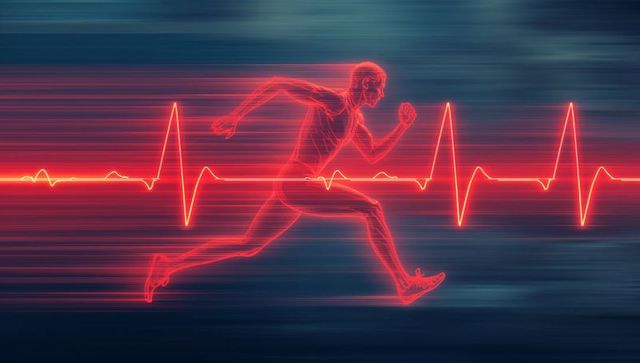 Wireframe athlete silhouette running through ecg heartbeat line