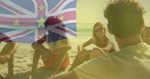 Friends Relax by Ocean with Niue Flag Overlay