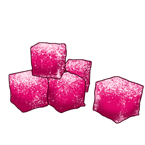 Sugar-coated pink gummy cubes floating on transparent background