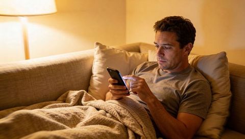 Man scrolling smartphone on sofa under warm lamp light wrapped in cozy blanket