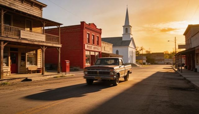 Driving vintage pickup down small-town main street at golden hour with post office and church