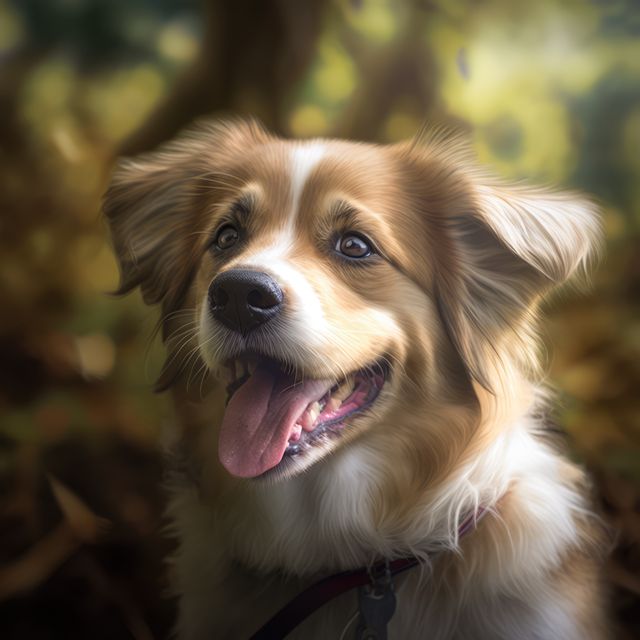 Perfect for showcasing the joy and beauty of pets in natural settings, this image features a happy dog with its tongue out, basking in the sunlight of a forest. Ideal for pet care promotions, dog lover communities, or outdoor adventure blogs.