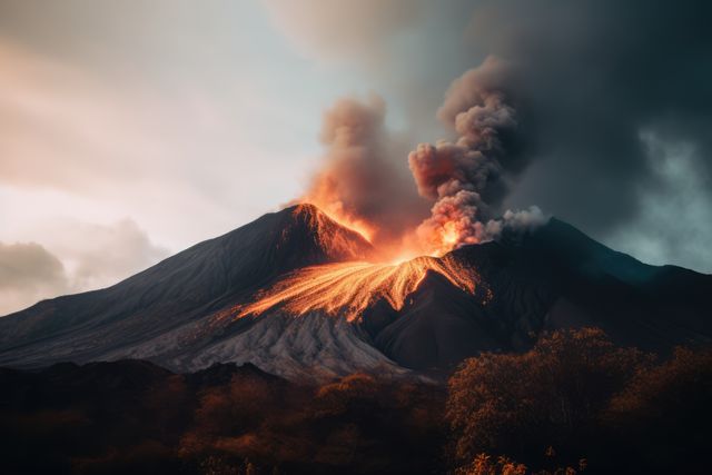 Active volcano erupting with smoke and lava, created using generative ai technology. Power in nature, danger and natural disaster concept digitally generated image.