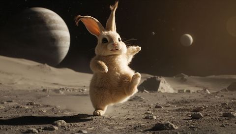 Fluffy rabbit hopping on lunar surface with giant planet and distant moons