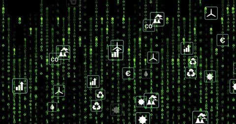Green binary stream with floating eco finance icons linking CO2, wind, solar, recycling