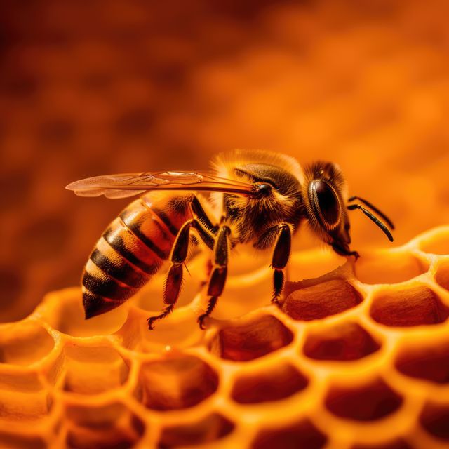 Close-up image of a honeybee on a honeycomb, bathed in warm light. Ideal for use in agricultural articles, pollination awareness campaigns, educational materials about bees, or marketing for natural honey products.