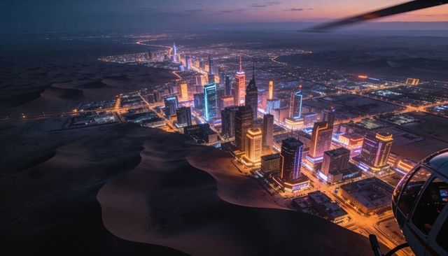 Aerial view flying over neon-lit desert city at dusk showcasing illuminated skyscrapers