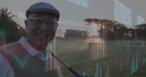 Mature Man on Golf Course with Animated Financial Charts