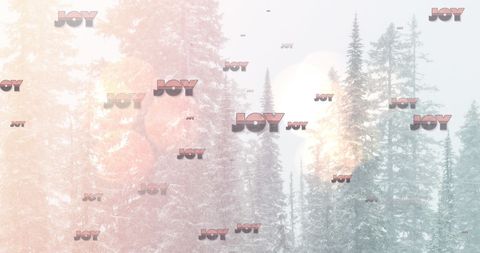 Repetitive Joy Text Over Fir Trees in Winter Celebration