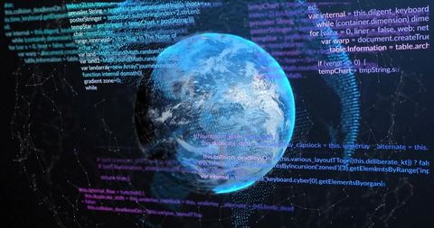 Neon Holographic Earth Rotating in Cyber Network with Floating Code Streams and Data Mesh