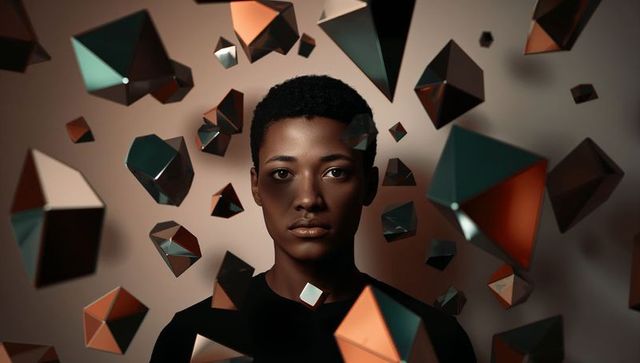 Woman posing among floating metallic polyhedra with teal and copper lighting, modern portrait