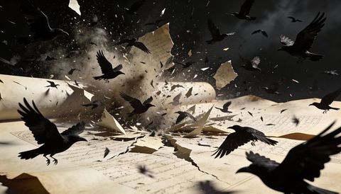 Crows erupting from ruptured parchment manuscript amid stormy smoke and flying shards