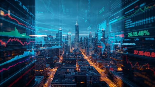 Futuristic aerial cityscape merged with digital market analytics