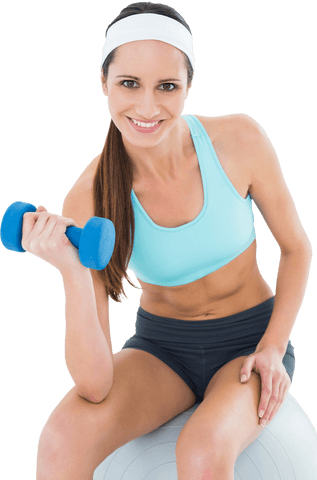 Transparent fitness journey woman lifting dumbbells on exercise ball