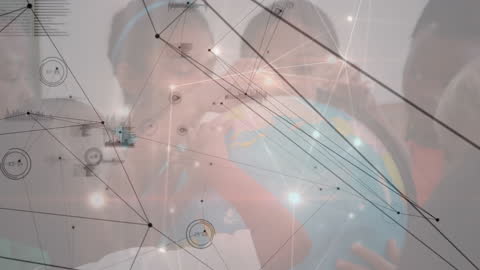 Children Engaging with Globe with Digital Data Overlay