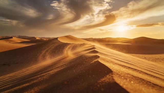 Golden wind-sculpted sand dune ridge at sunset with flowing sand streamers, sunlit texture