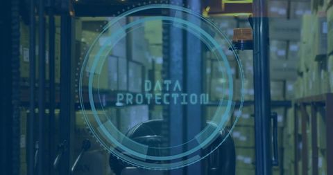 Forklift navigating warehouse aisle projecting data protection overlay for smart logistics
