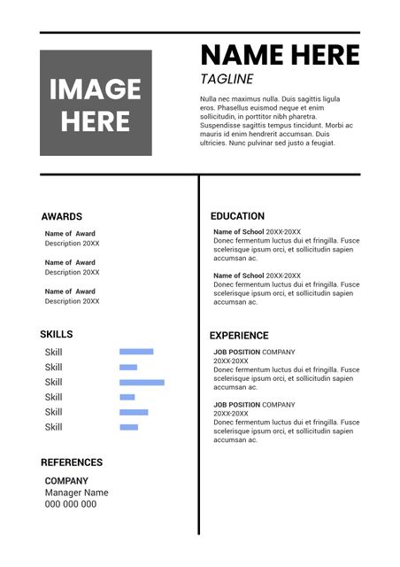 Sleek and organized resume template designed for job applications or academic purposes. Features sections for photo, tagline, awards, skills, education, experience, and references. Modern design makes it easy for employers to navigate and focus on key qualifications. Ideal for professionals looking to make a strong impression.