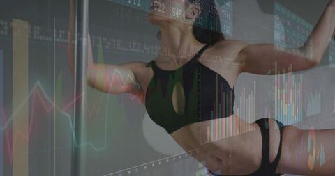 Pole dancer performing strength pose with financial charts overlay, fitness data concept
