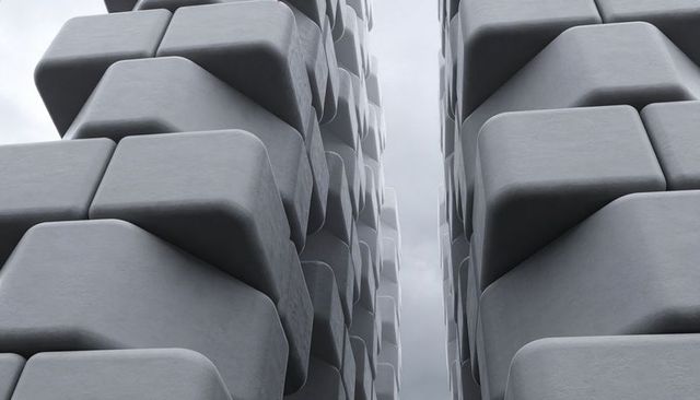 Modular concrete facades rising revealing narrow sky gap abstract architectural geometry