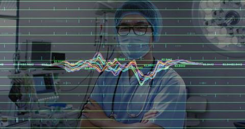 Doctor in icu with ecg overlay representing medical technology