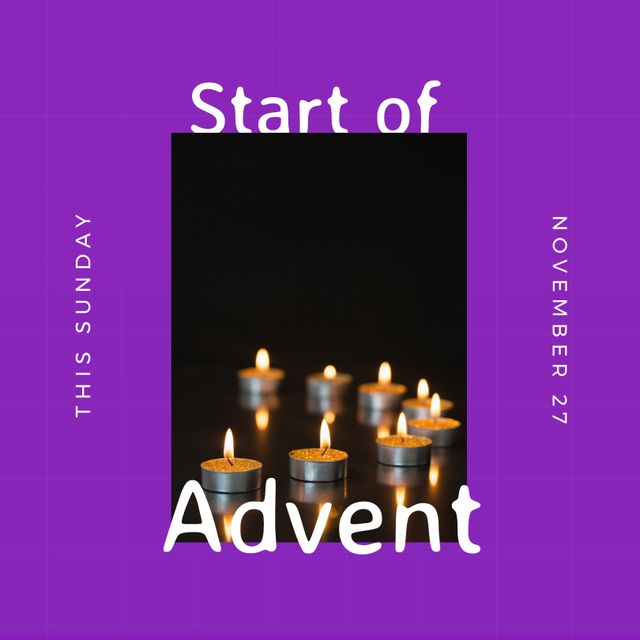 Composite of this sunday, start of advent, november 27 text and lit candles on table, copy space. Purple, christianity, candlelight, nativity, christmas, celebration, tradition and holiday concept.