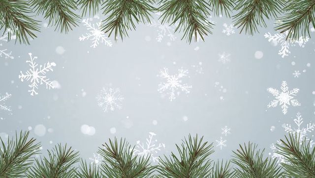 Pine Branch Border Framing Snowflakes and Bokeh on Frosty Pale Blue-Gray Holiday Background