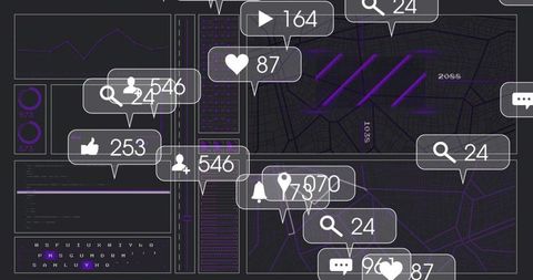 Dark Neon Analytics Dashboard with Social Notification Bubbles and Map Overlays